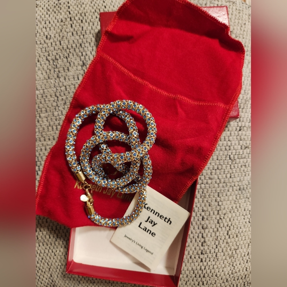 Kenneth Jay Lane Blue Gold Tone Rhinestone Snake Popcorn Chain necklace 30" - Picture 6 of 9